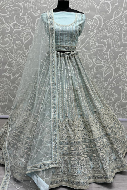 Wonderful Sky Blue Sequins Heavy Net Bridal Lehenga Choli With Dupatta