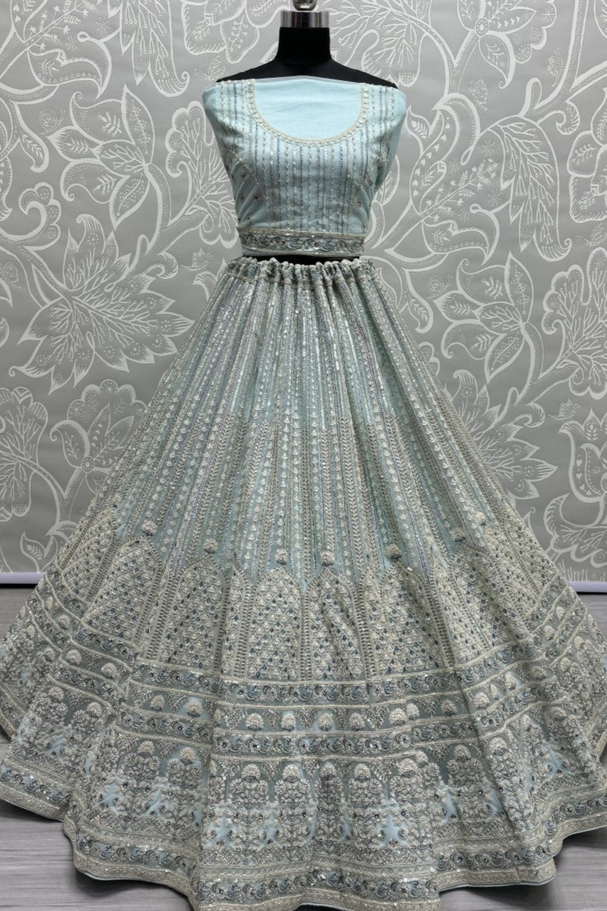 Wonderful Sky Blue Sequins Heavy Net Bridal Lehenga Choli With Dupatta
