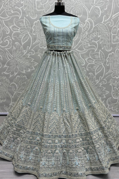 Wonderful Sky Blue Sequins Heavy Net Bridal Lehenga Choli With Dupatta