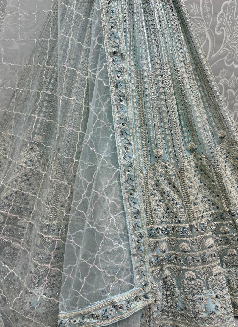 Wonderful Sky Blue Sequins Heavy Net Bridal Lehenga Choli With Dupatta