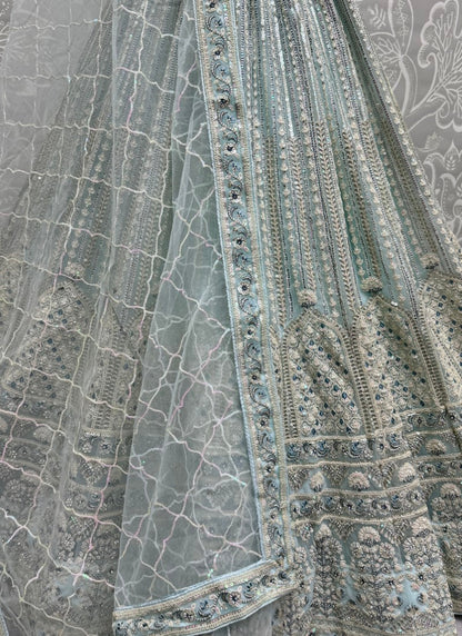 Wonderful Sky Blue Sequins Heavy Net Bridal Lehenga Choli With Dupatta