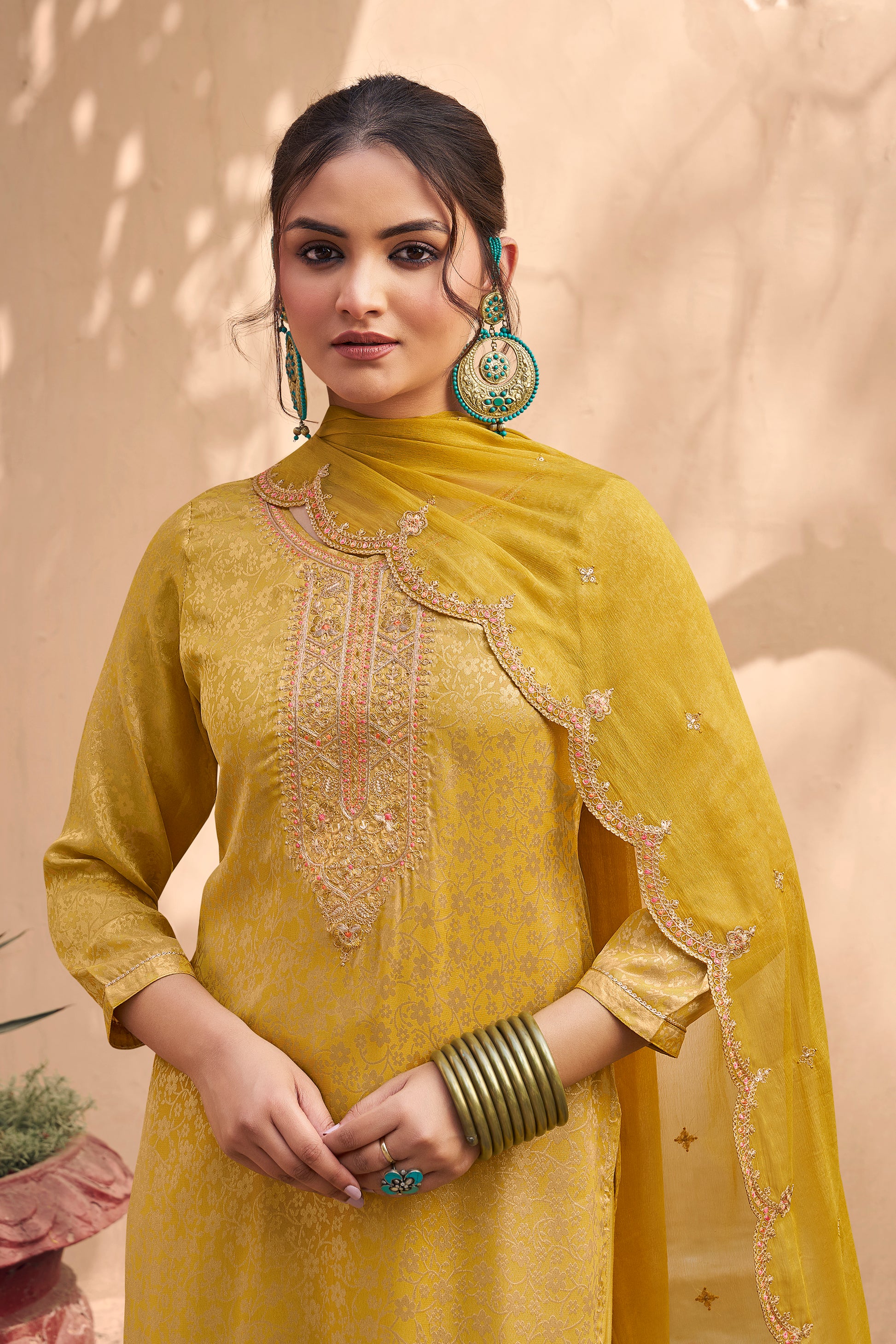 Beautiful Indian Haldi Ceremony Jacquard Salwar Suit, perfect festive outfit for women.