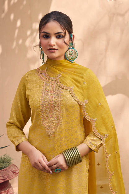 Beautiful Indian Haldi Ceremony Jacquard Salwar Suit, perfect festive outfit for women.