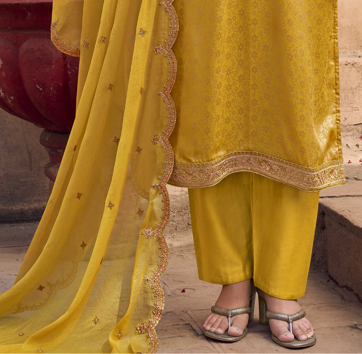 Traditional Designer Jacquard Fabric Haldi Function Wear Salwar Kameez Suit