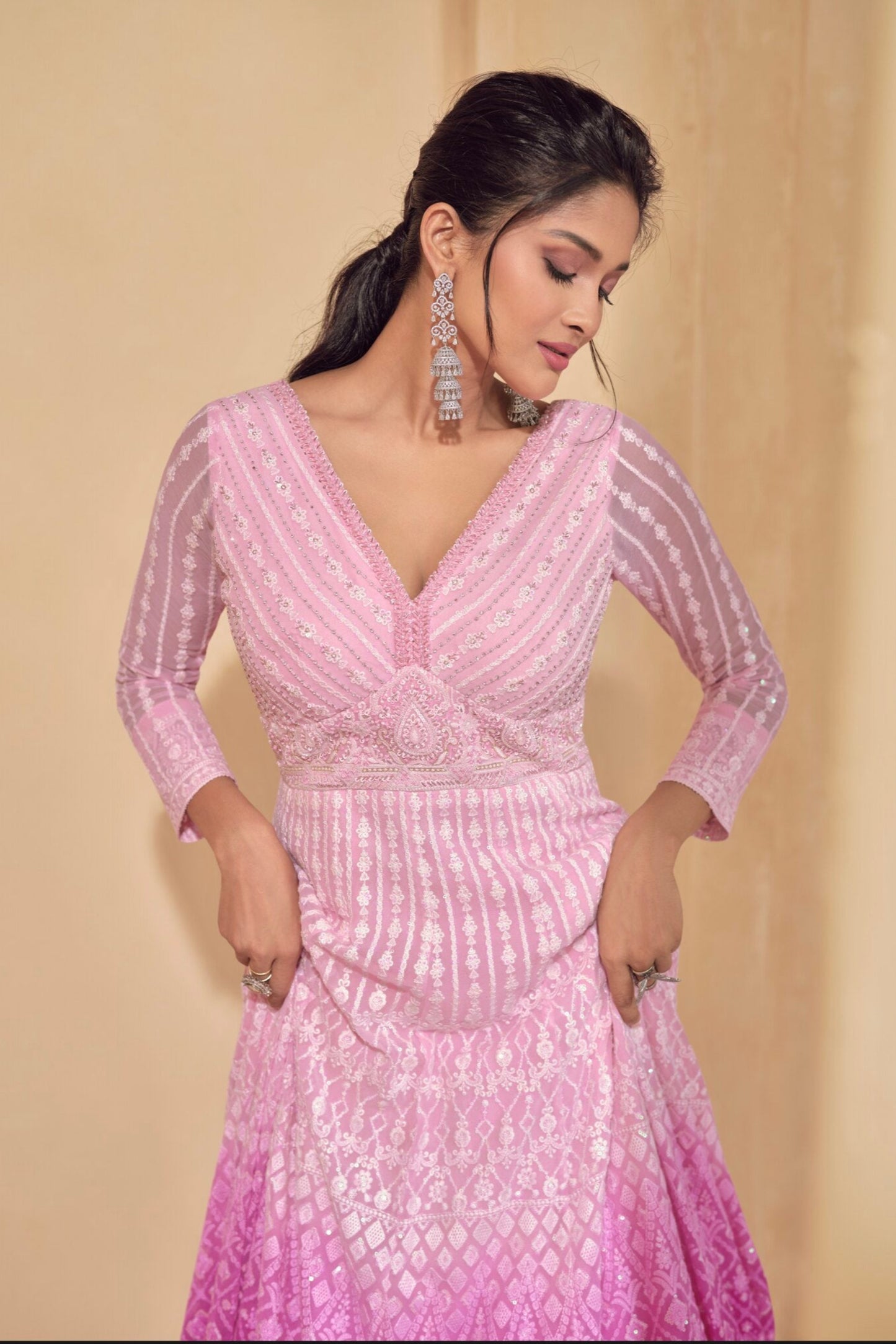 Pink-Red Georgette Full-Length Party Wear Anarkali Gown Dupatta Suit