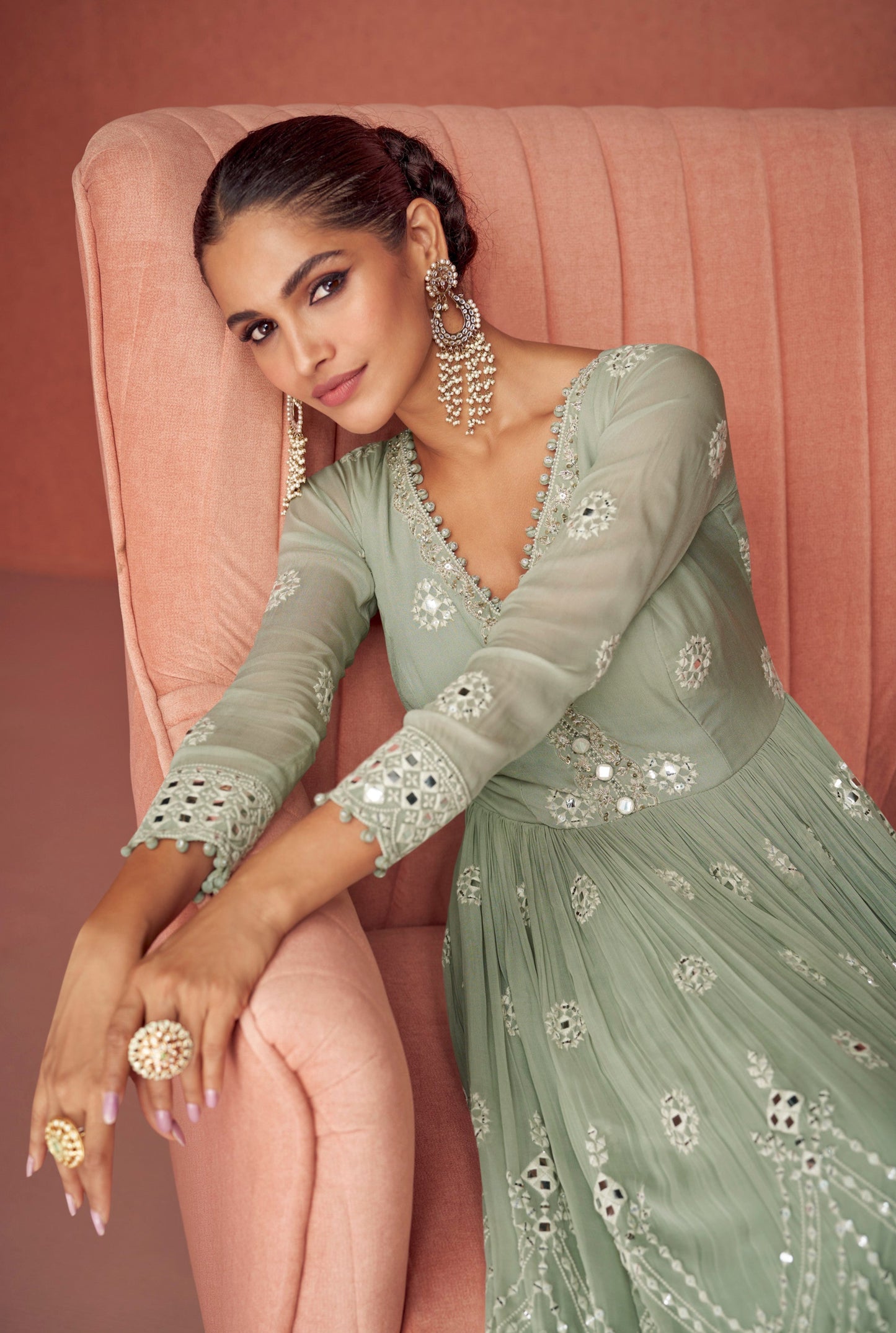 Women’s Green Palazzo Suit with Modern Traditional Design.