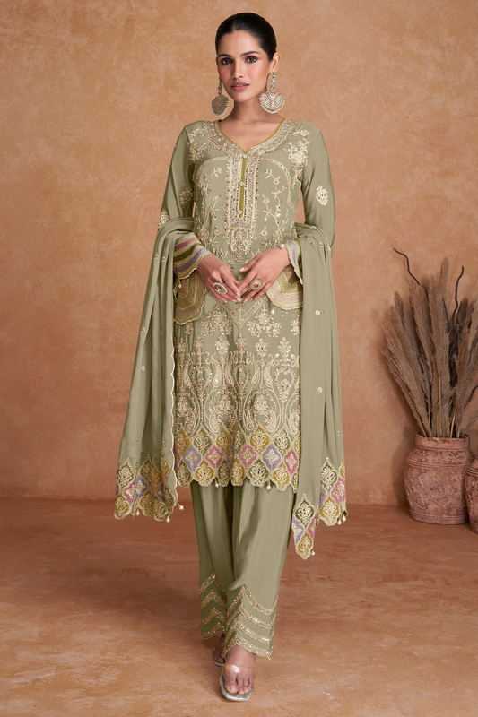 Pista Green Salwar Kameez With Embroidery and Sequin Work - Front View Full Outfit 