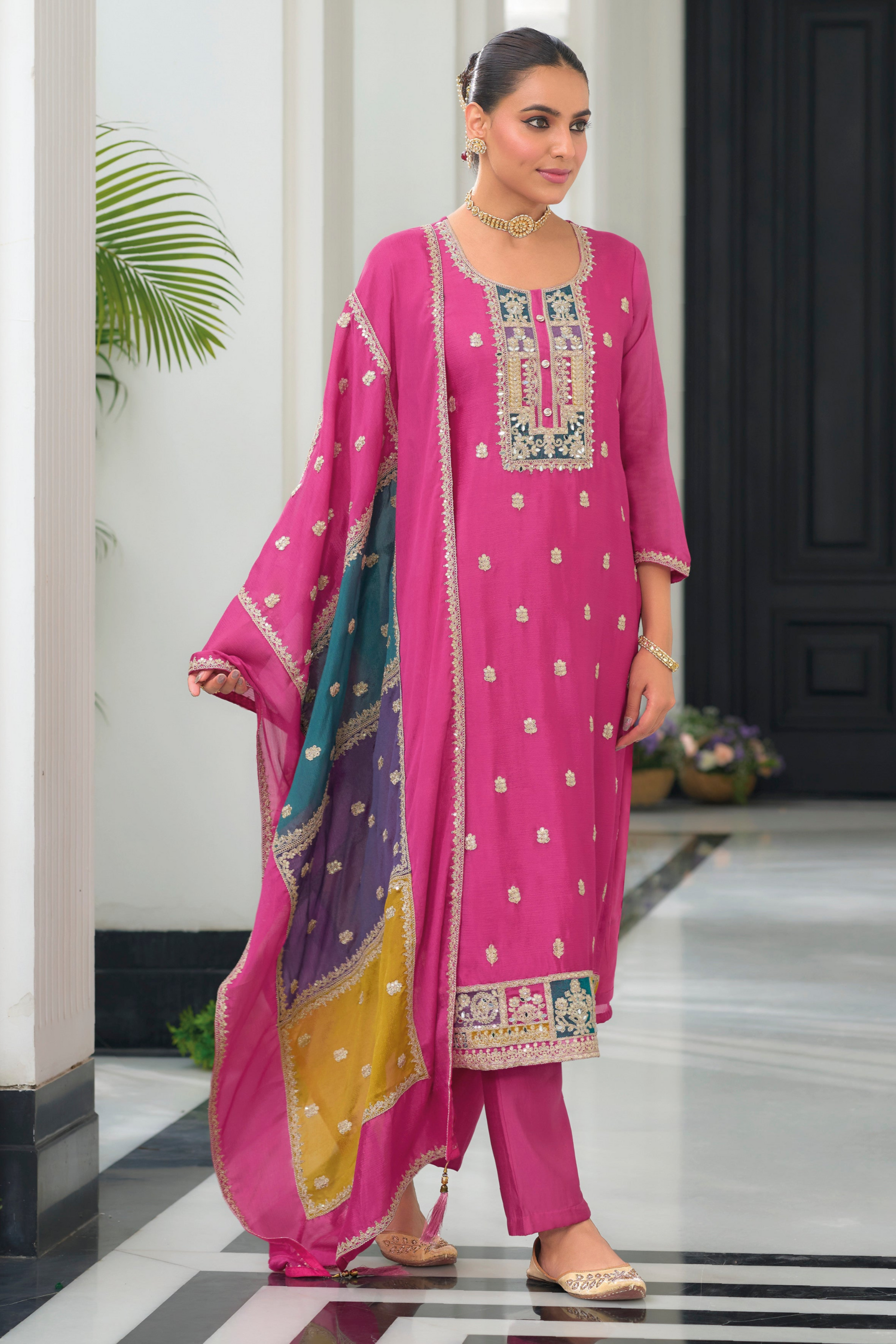 Pink Embroidered Salwar Kameez with Heavy Chinon Fabric and Sequin Work - Front View - Ships to USA, UK, Canada