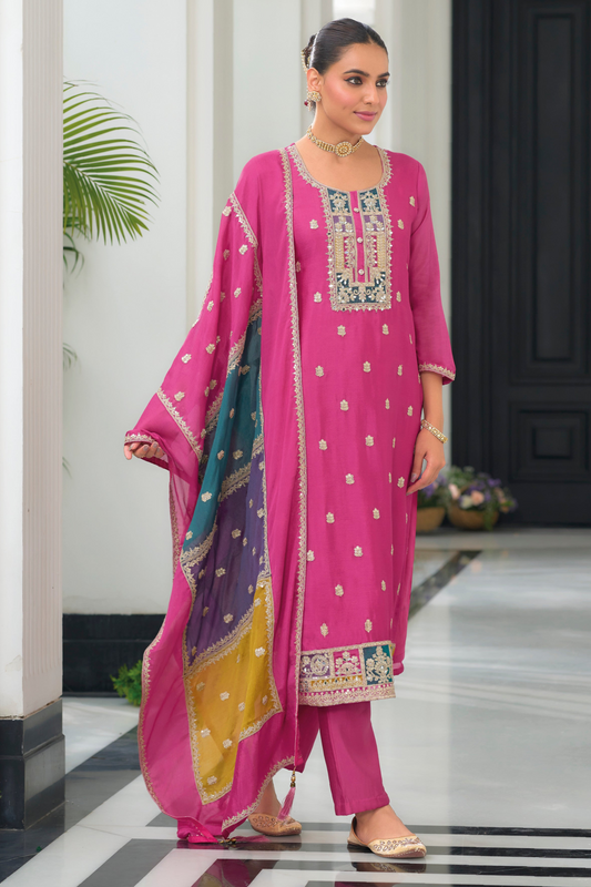 Pink Embroidered Salwar Kameez with Heavy Chinon Fabric and Sequin Work - Front View - Ships to USA, UK, Canada