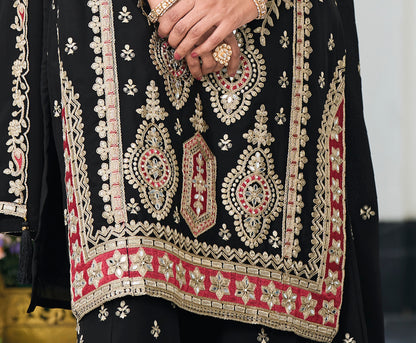 Indian Reception Dress - Black Ethnic Party Wear Sharara Set With Embroidery