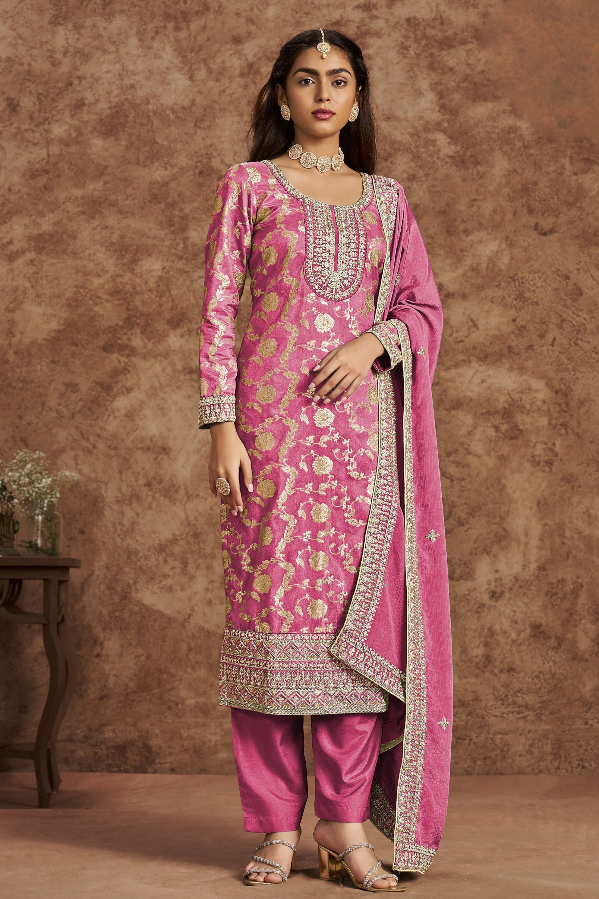 Pink Embroidered Salwar Kameez with Dupatta - Front View