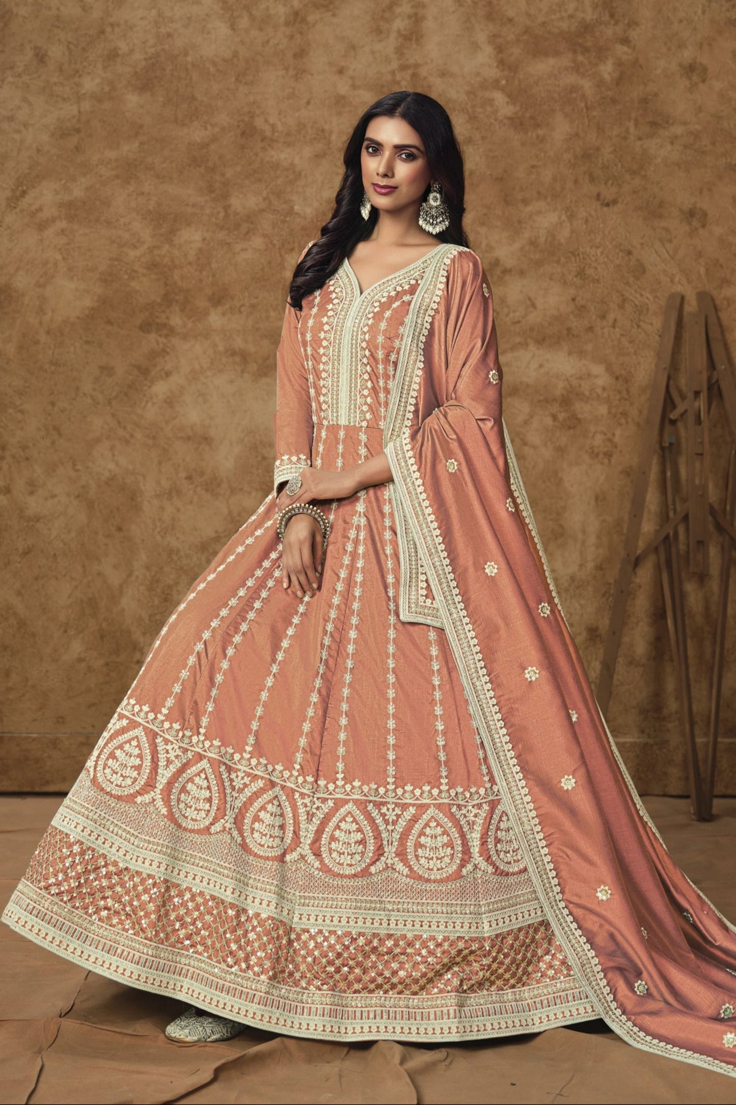 Designer Anarkali Gown Suit In Peach - Ready To Wear Festive Outfit USA