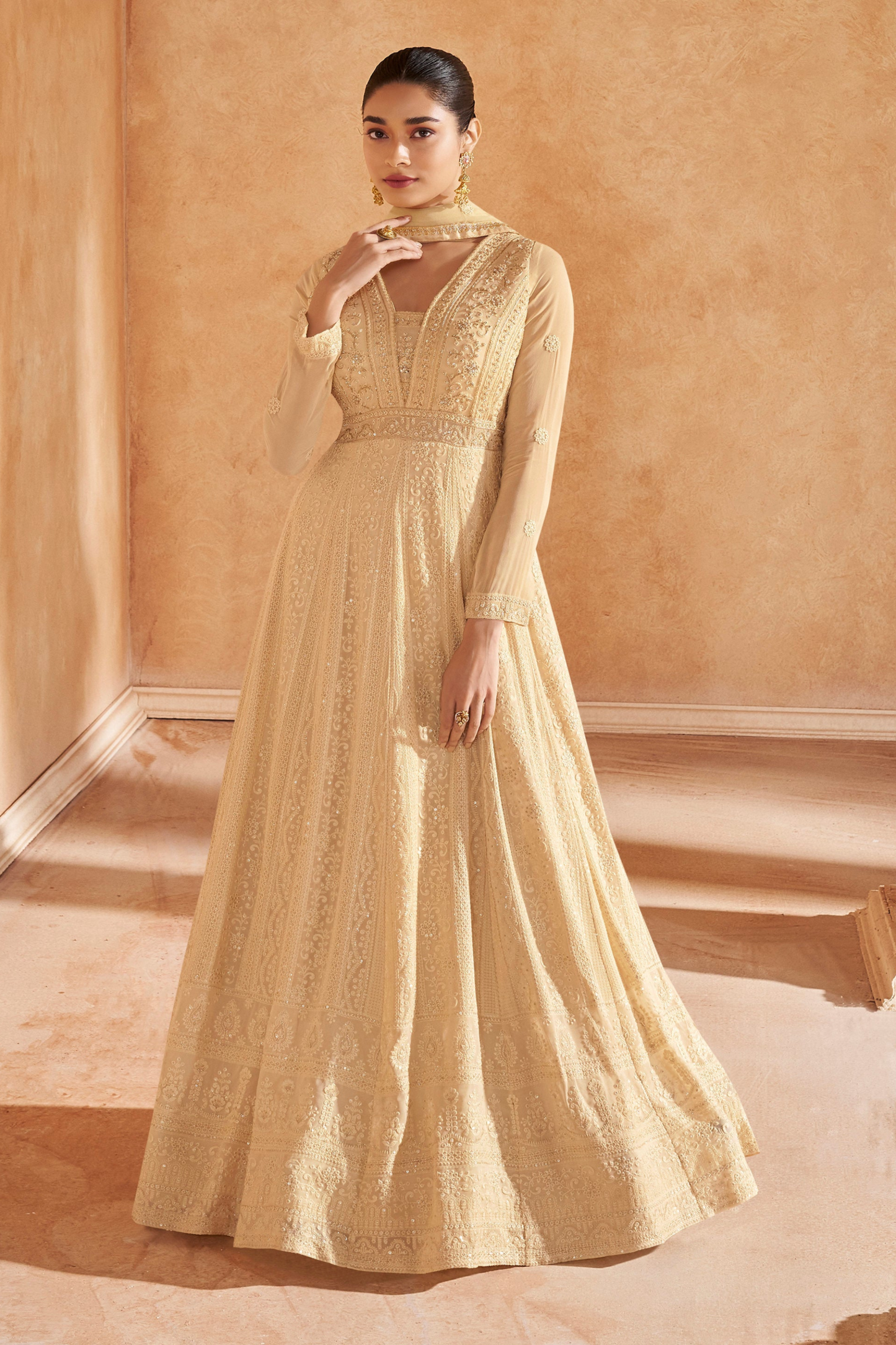 Indian Wedding Sangeet Long Flared Real Georgette Beige Anarkali Gown Suits 