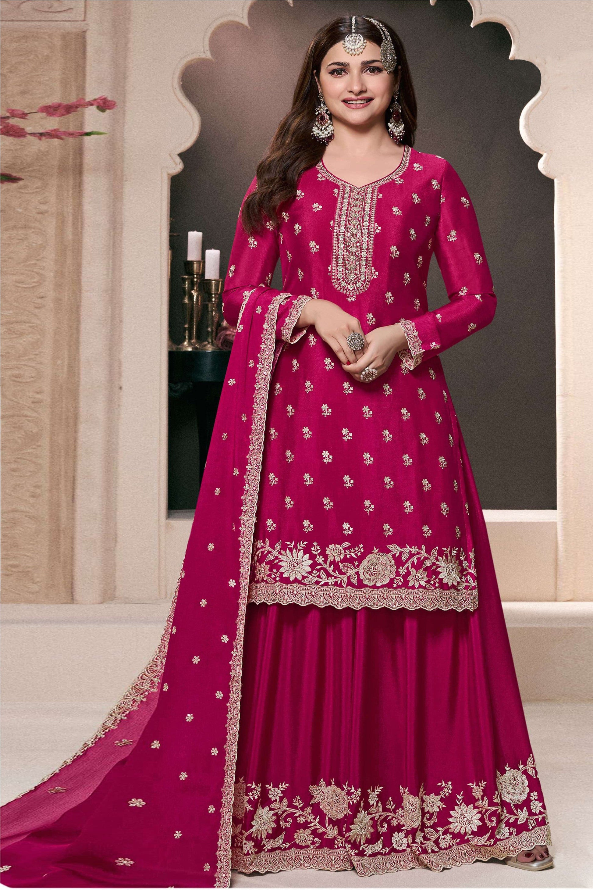 Traditional Designer Pink Heavy Embroidered Palazzo Suit
