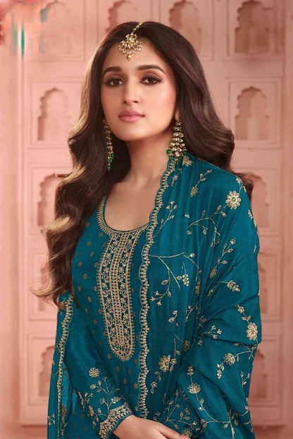 Blue Dhola Jacquard Embroidered Bridal Salwar Kameez  With Heavy Work by Seyuri USA
