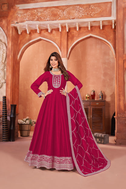 Dark Pink Anarkali Gown With Dupatta Featuring Sequin Embroidery And Thread Work For Indian weddings