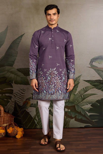 Purple viscose Silk Embroidered Kurta 
 Front View