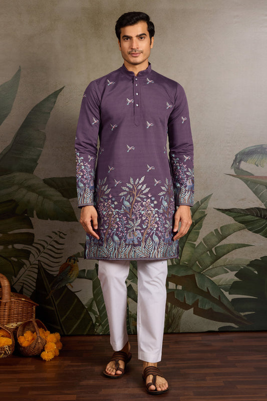 Purple viscose Silk Embroidered Kurta 
 Front View