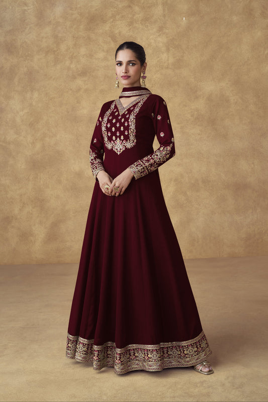 Dark Red Embroidered Anarkali Gown With Sequin Work And Dupatta For Indian Pakistani Weddings