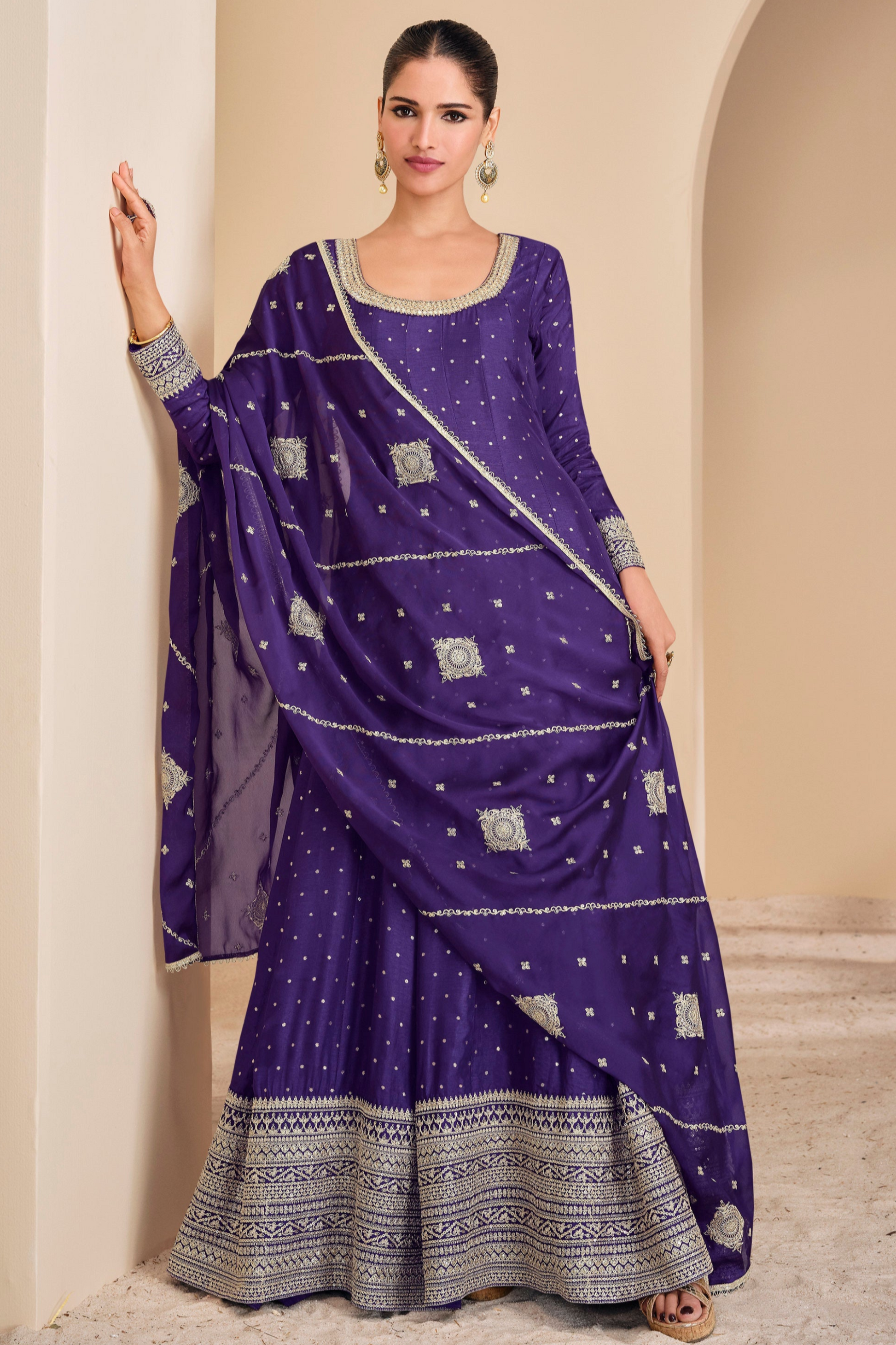 Purple Embroidered Anarkali Gown With Dupatta For Indian Wedding Reception