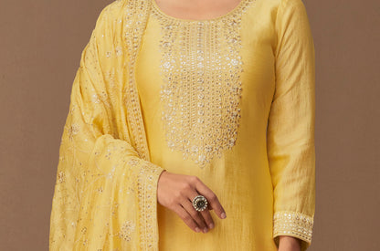 Traditional Light Yellow Premium Silk Embroidered Salwar Suit With Straight Ideal For Wedding Functions