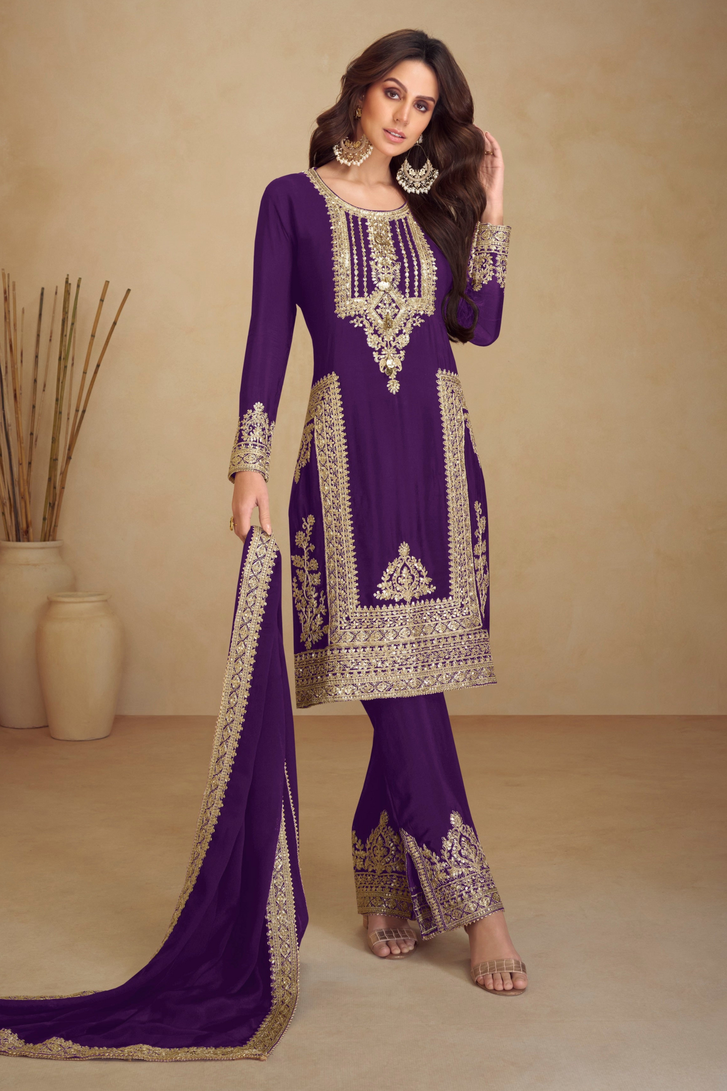 Purple Salwar Kameez With Dupatta For Indian Wedding - Embroidered Ethnic Outfit USA