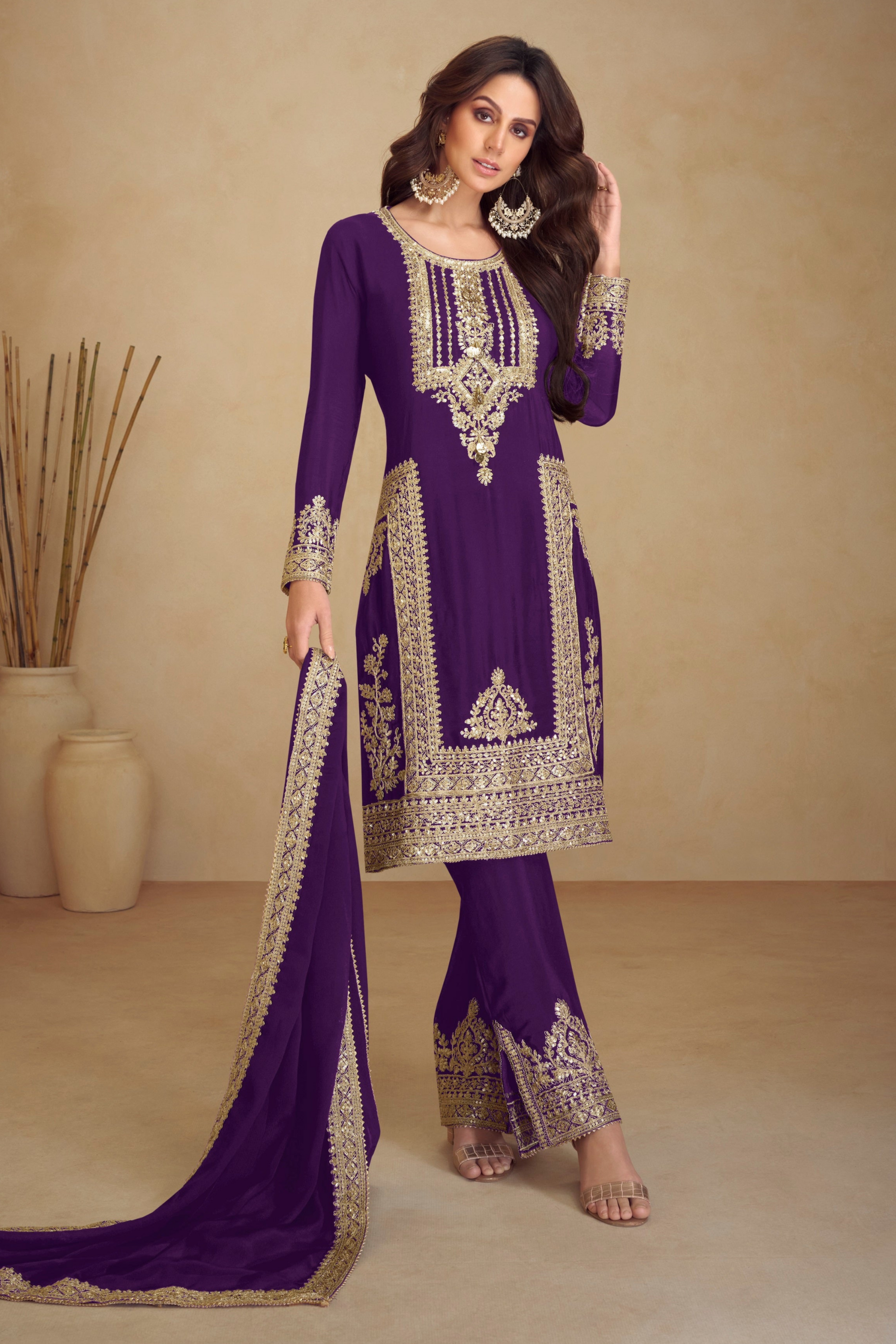 Purple Salwar Kameez With Dupatta For Indian Wedding - Embroidered Ethnic Outfit USA