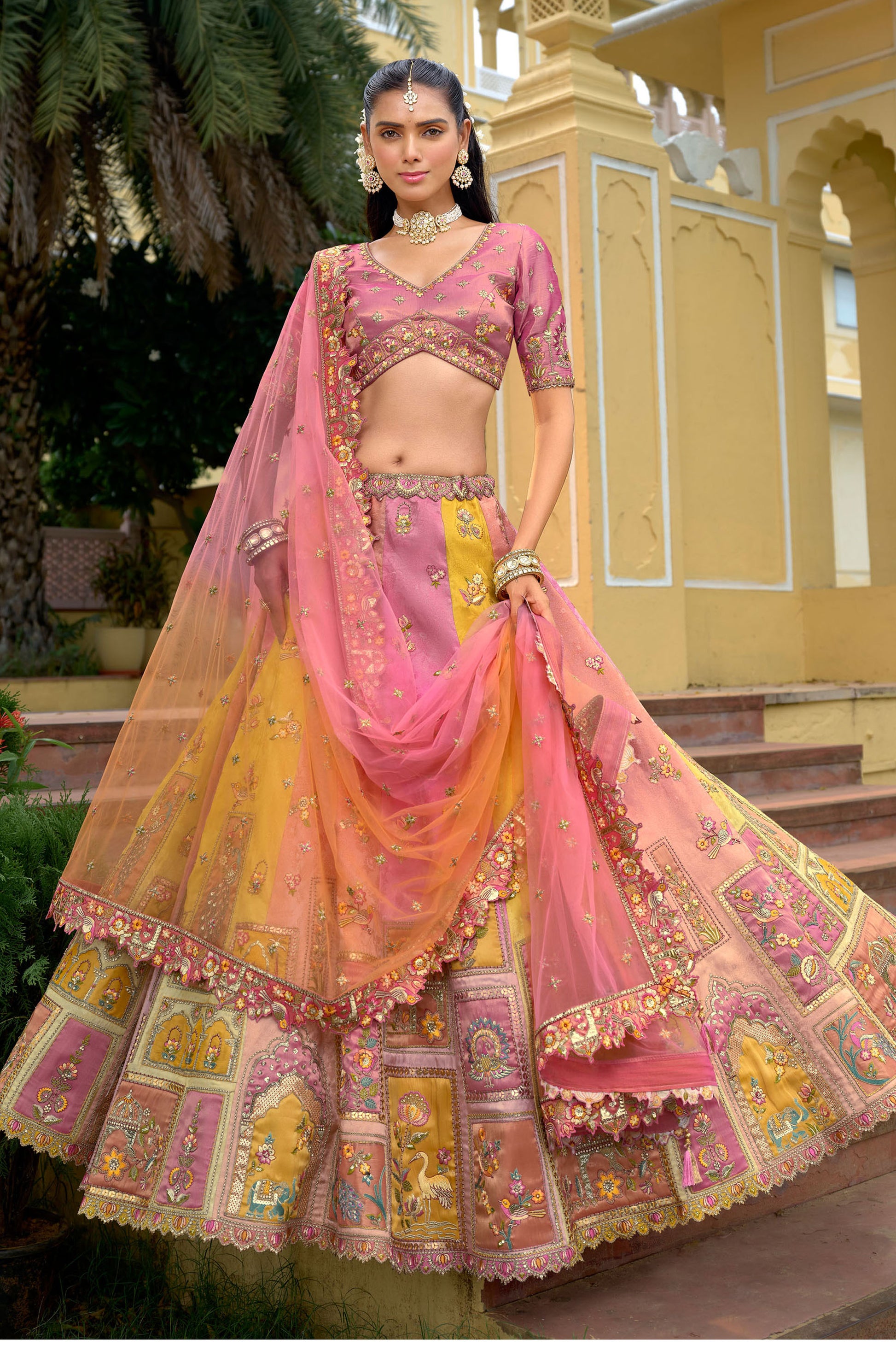 Pink silk wedding lehenga choli with sequin embroidery and mirror work - Seyuri designer bridal wear