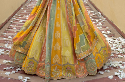Yellow Bridal Lehenga Choli Full Outfit View Showing Silk Fabric And Traditional Indian Embroidery