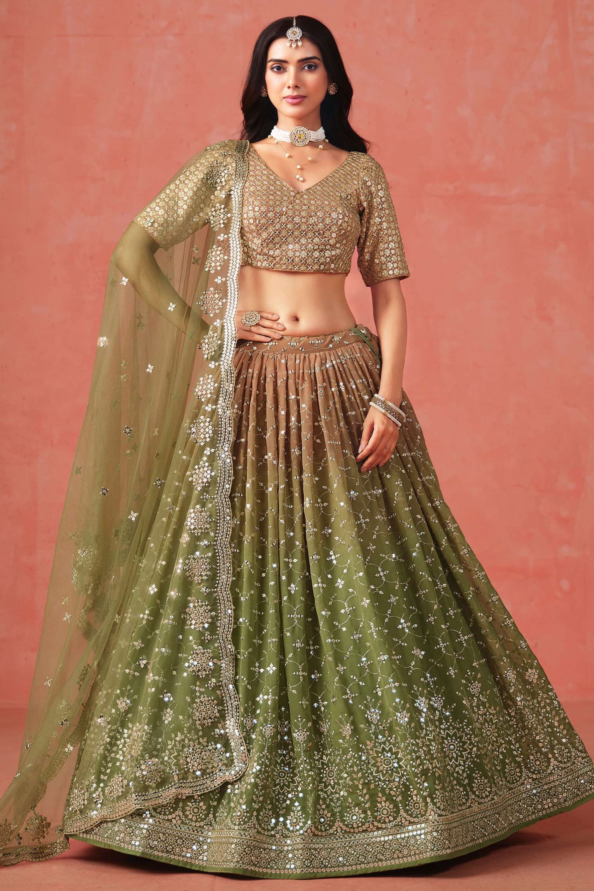 Ethnic Designer Olive Green Georgette Wedding Lehenga Choli For Brides And Festive Occasions