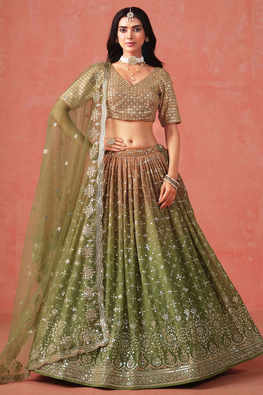 Ethnic Designer Olive Green Georgette Wedding Lehenga Choli For Brides And Festive Occasions