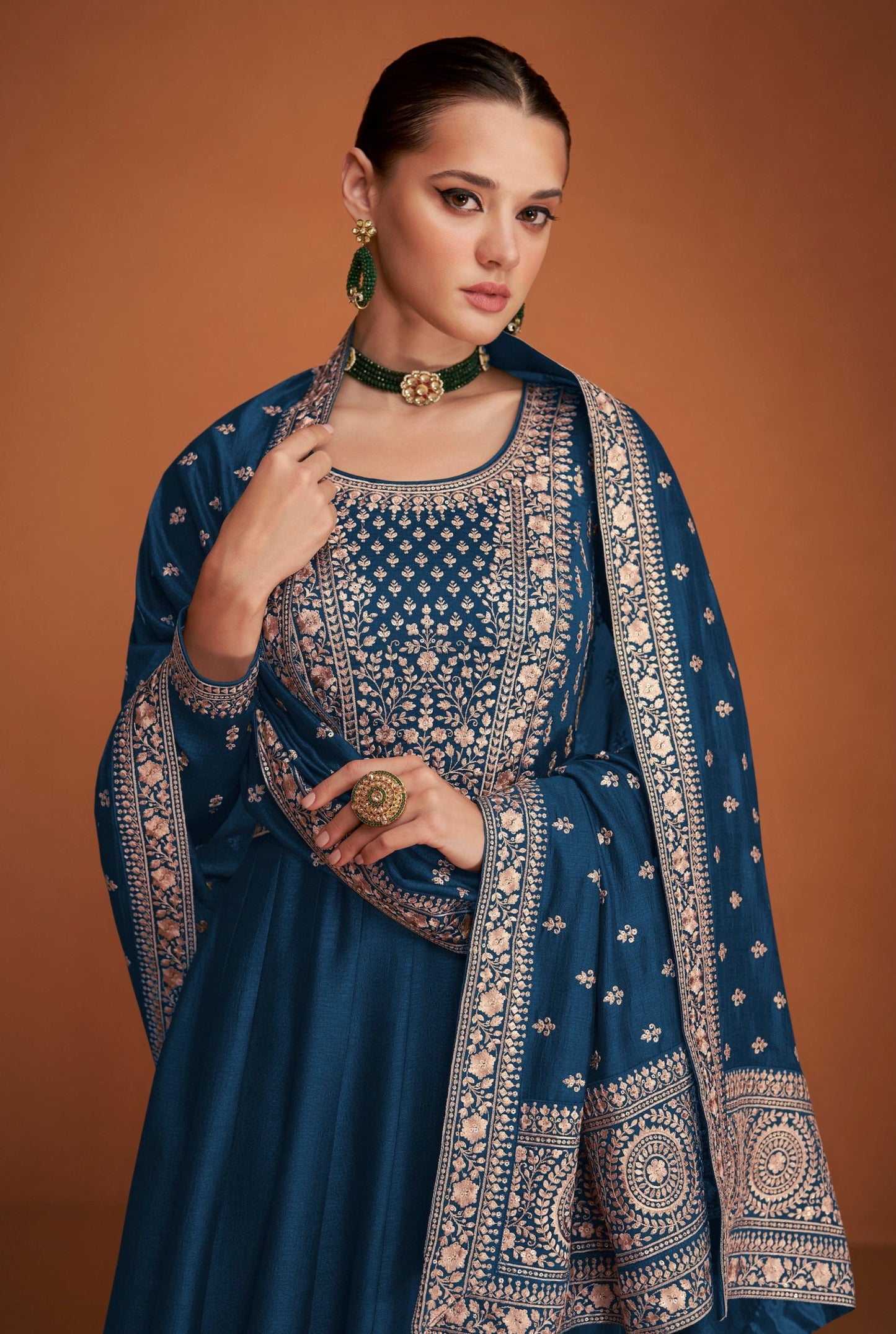 Premium Indian Silk Heavy Embroidered  Blue Anarkali Gown Suits for Reception 