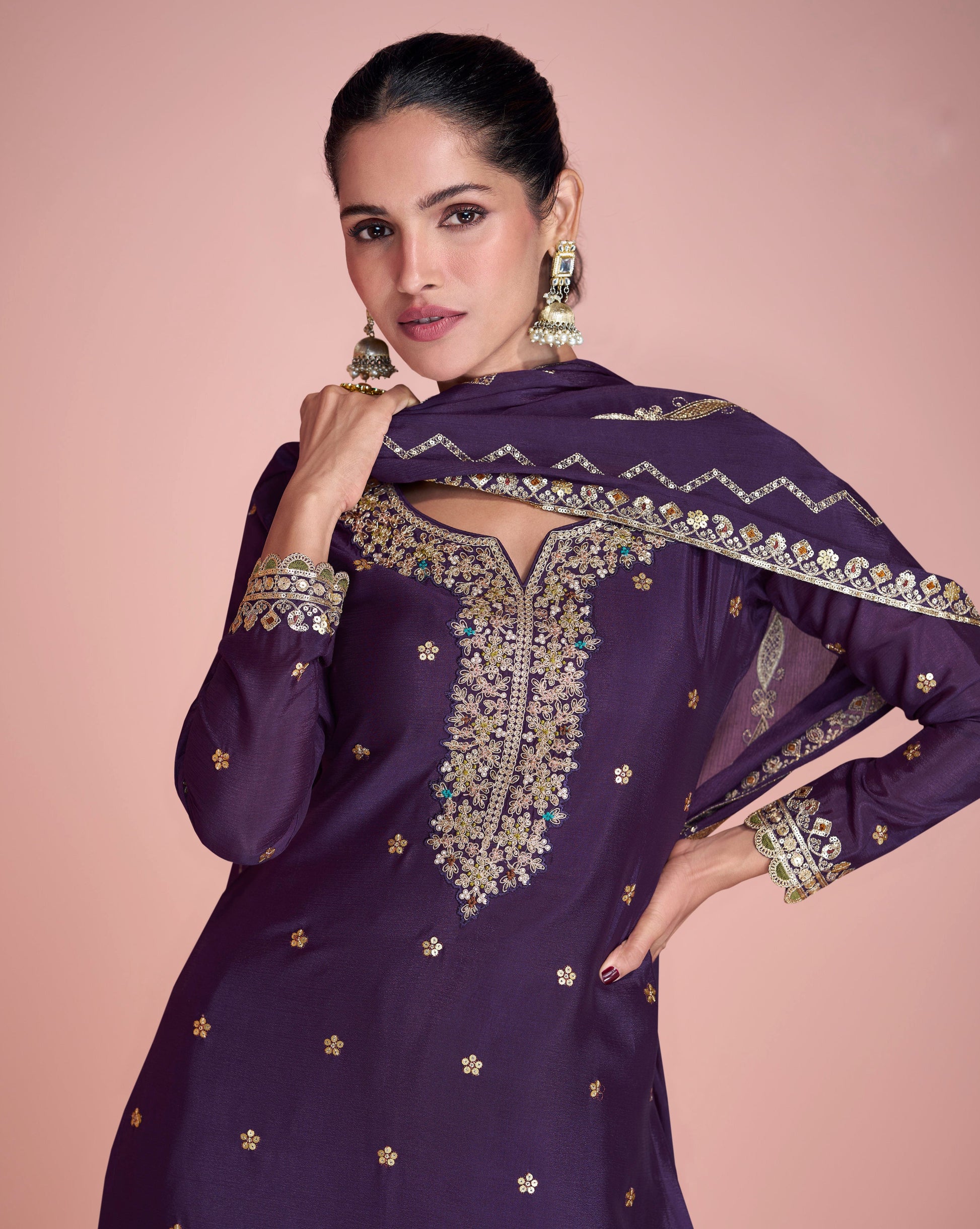 Indian Party Wear Wine Sharara Kameez Suit Sequin Embroidery Chinon Silk Ready to Wear Ethnic outfit USA