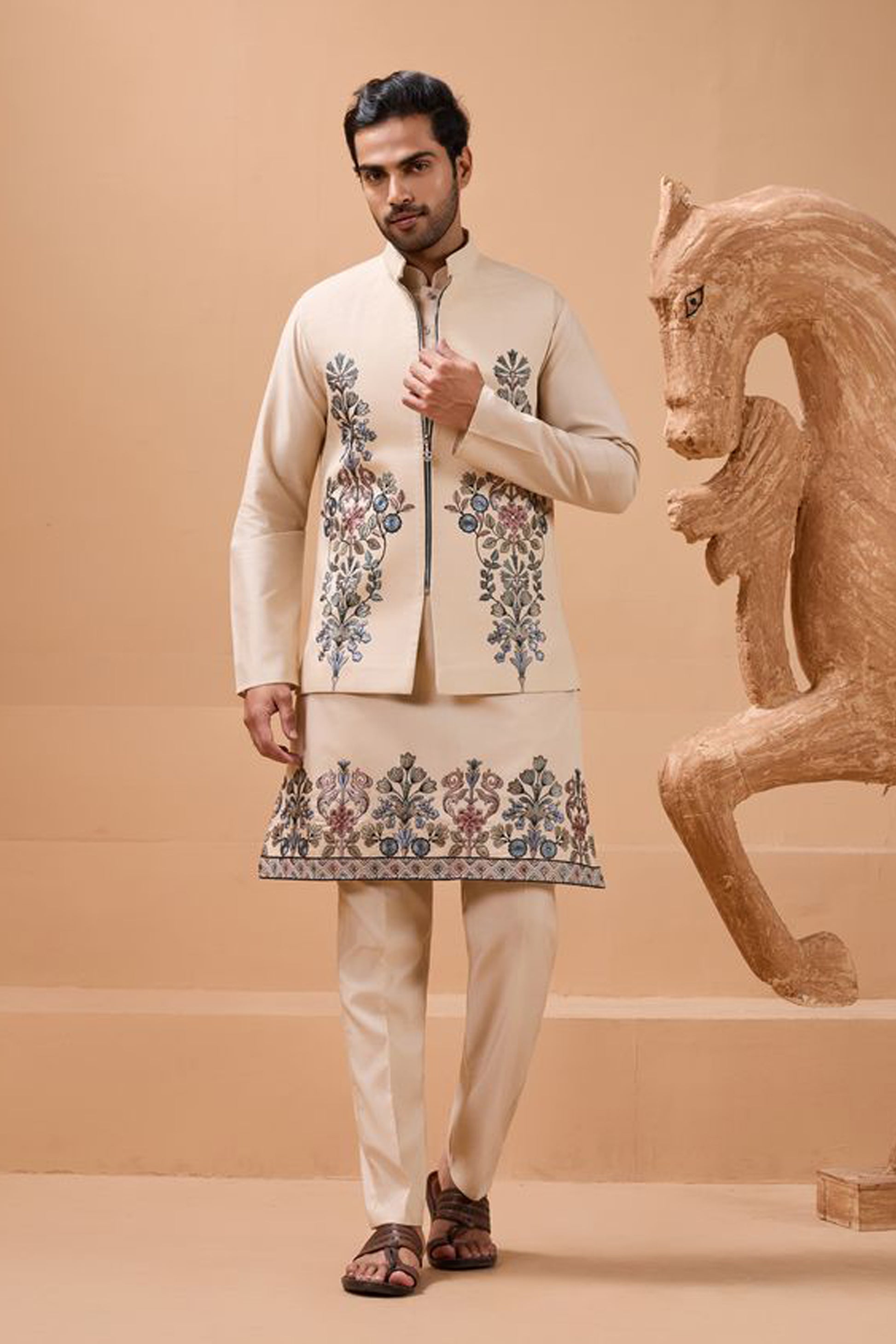 Beige Designer Embroidered  Sequence Work Men's Kurta