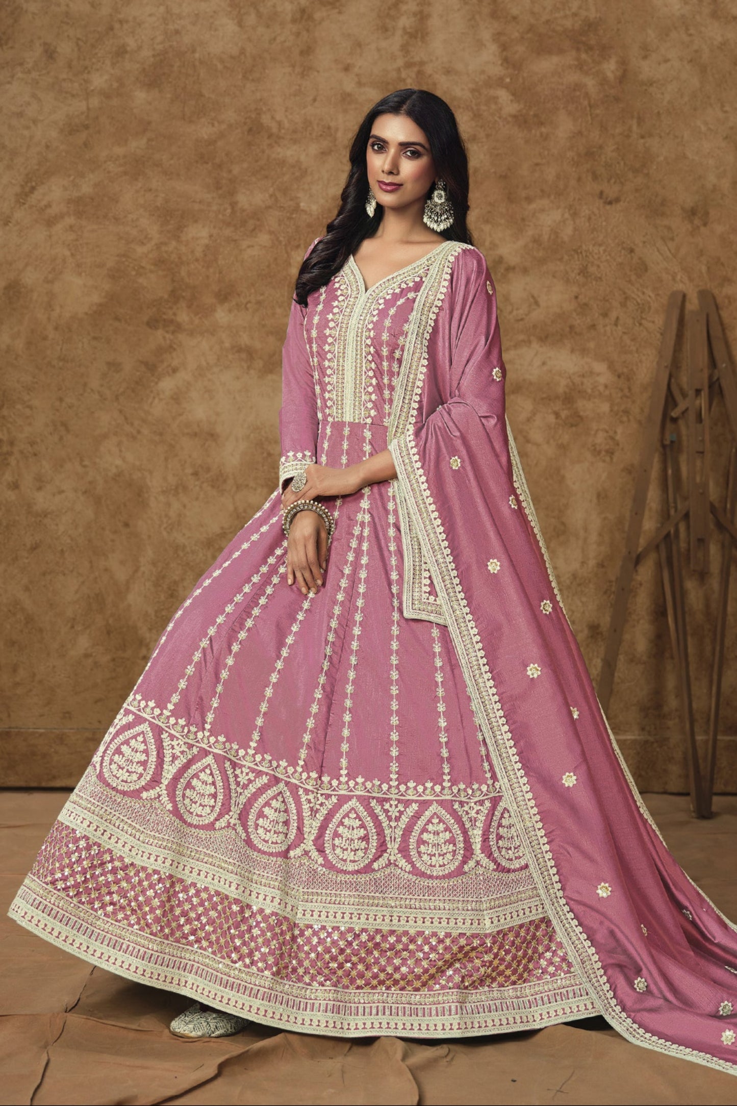Indian Designer Anarkali Dress In Magenta Pink Silk Fabric