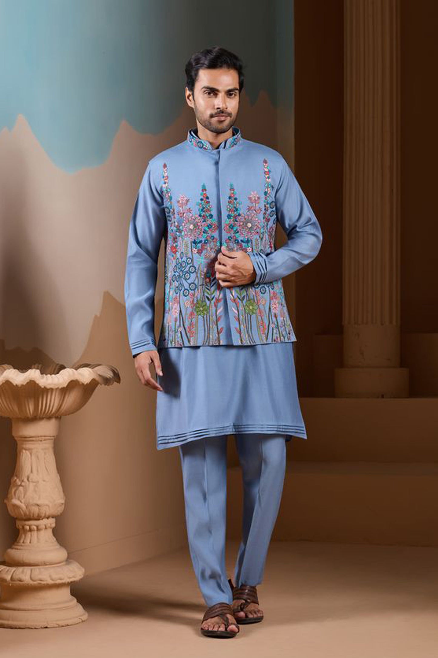 Elegant Designer Men’s Kurta For Weddings, Crafted in Blue Silk With Intricate Multi-Thread Embroidered Details.