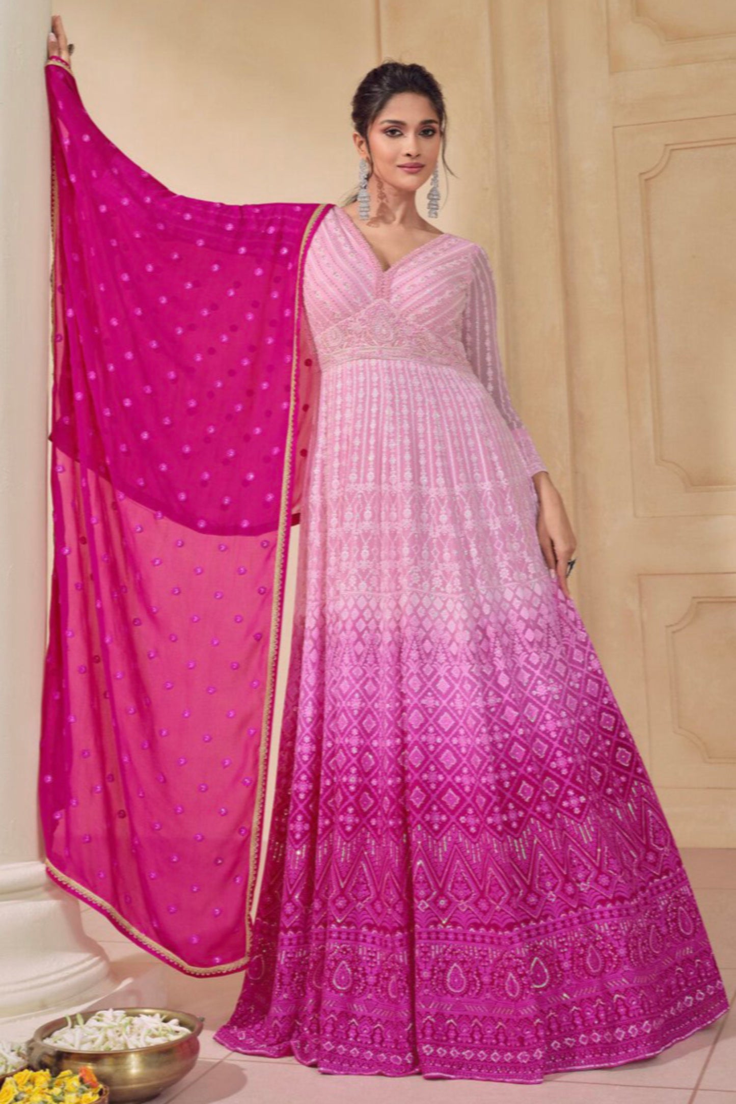 Pink-Red Georgette Full-Length Party Wear Anarkali Gown Dupatta Suit