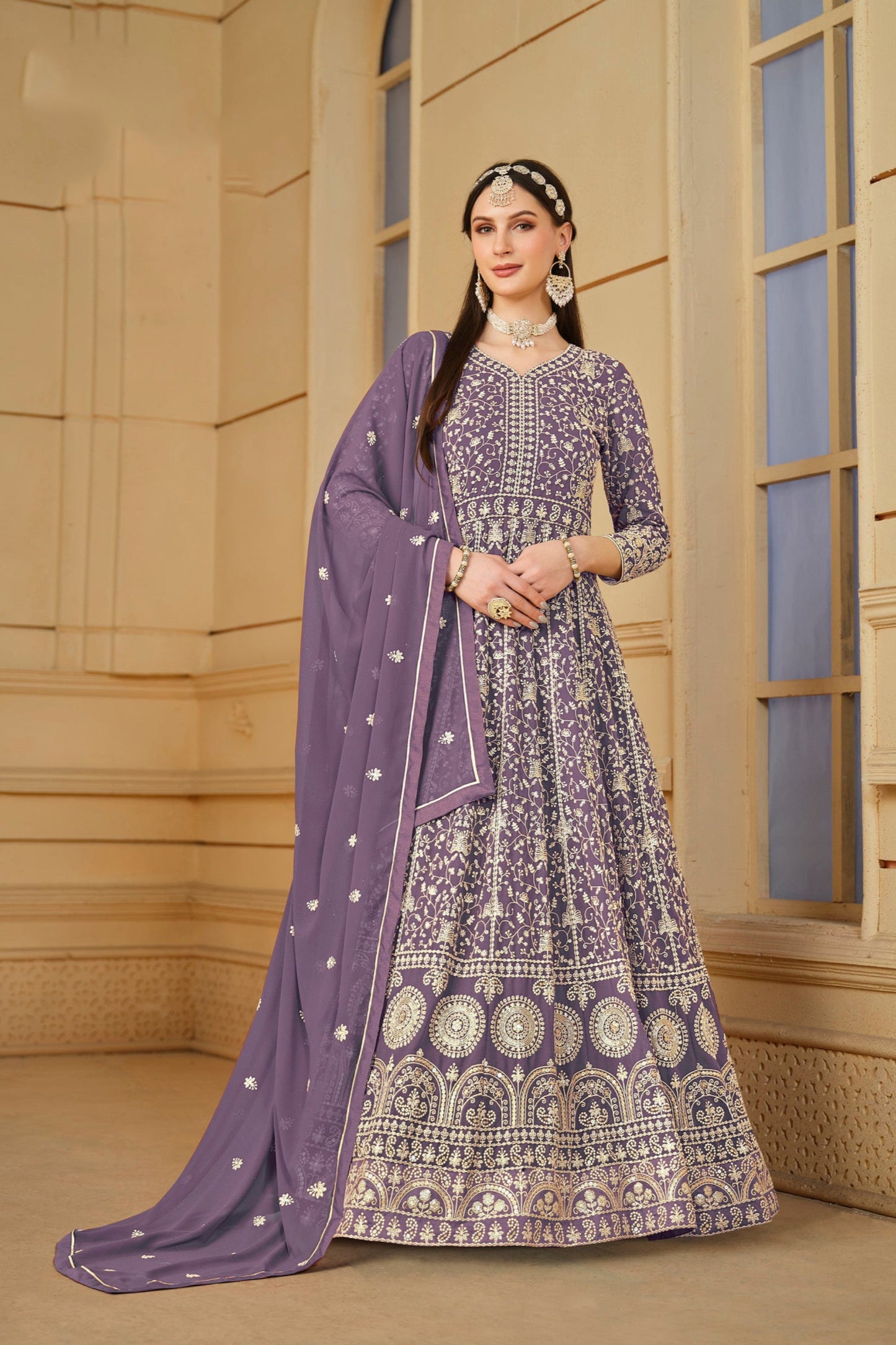 Purple Anarkali gown with heavy embroidery for Indian weddings - front view