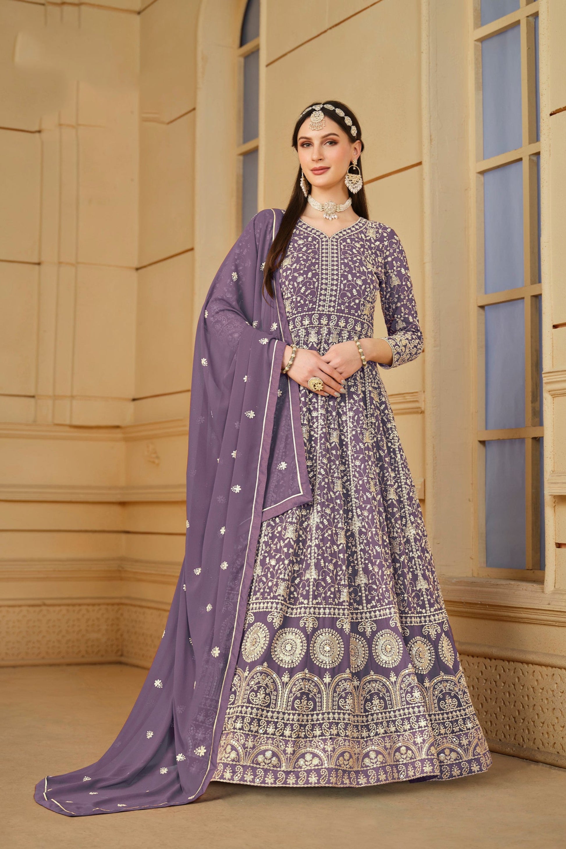 Purple Anarkali gown with heavy embroidery for Indian weddings - front view