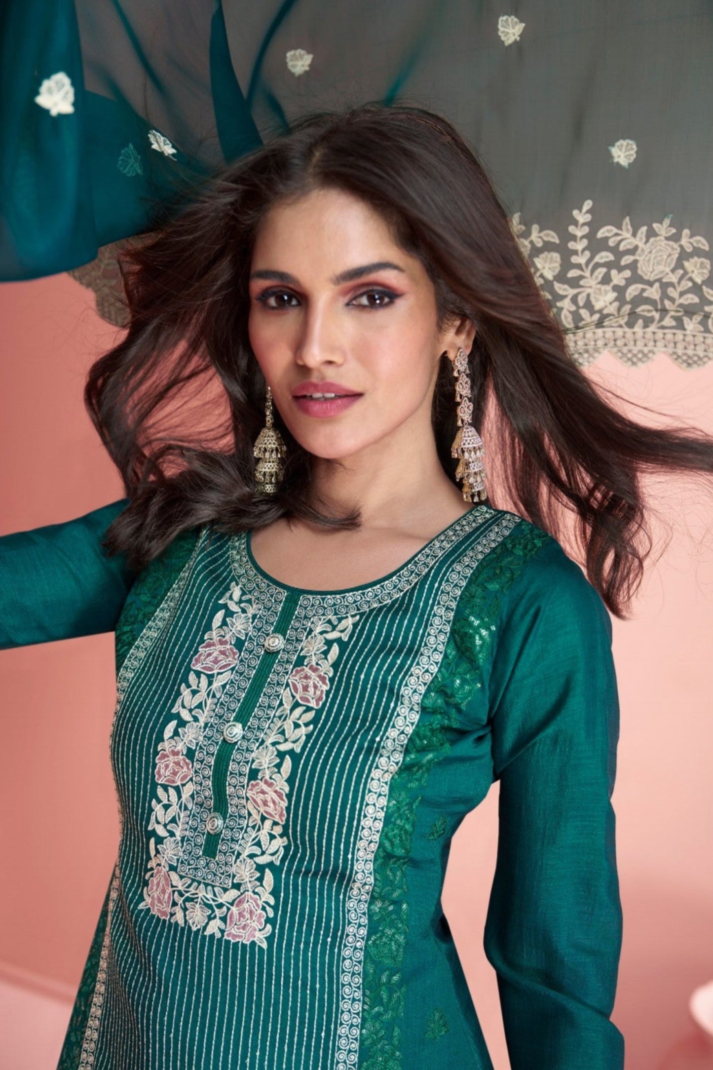 Pakistani Green Silk Salwar Suit With Intricate Embroidery Work - Designer Ethnic Wear USA