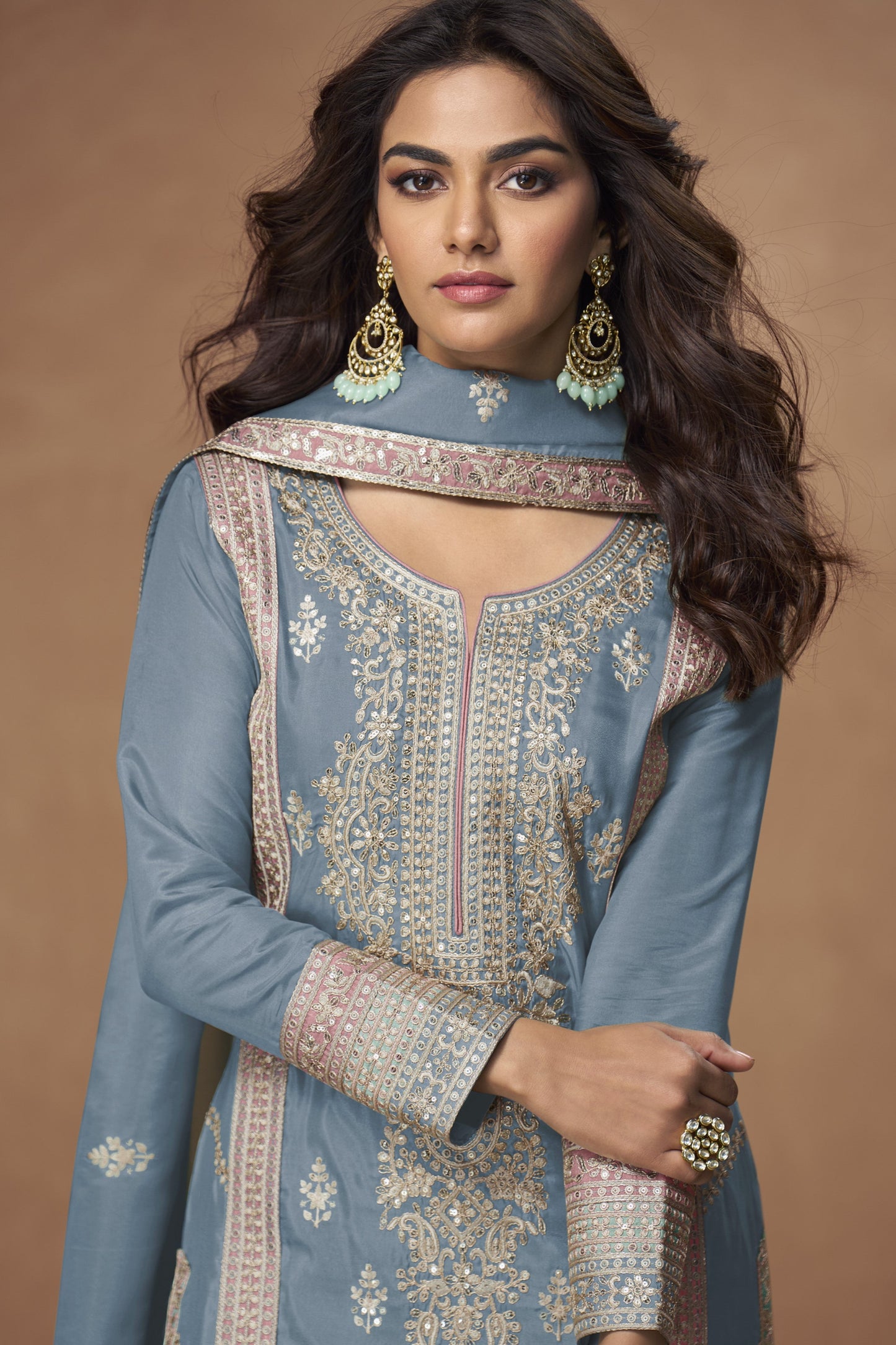 Steel Blue color Engagement Ceremony Wear Beautiful Shalwar palazzo
