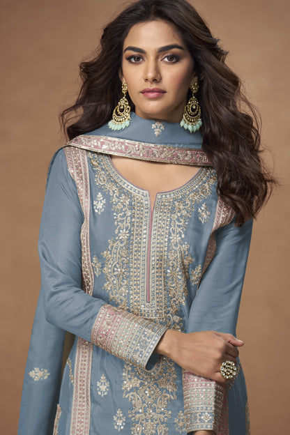 Steel Blue color Engagement Ceremony Wear Beautiful Shalwar palazzo
