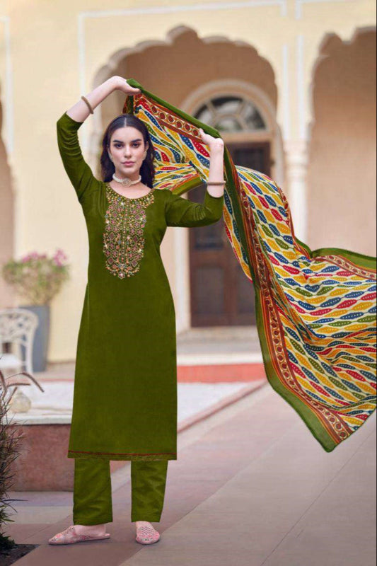 Perfect for a Mehndi and Everyday Wear Olive Green color shalwar kameez
