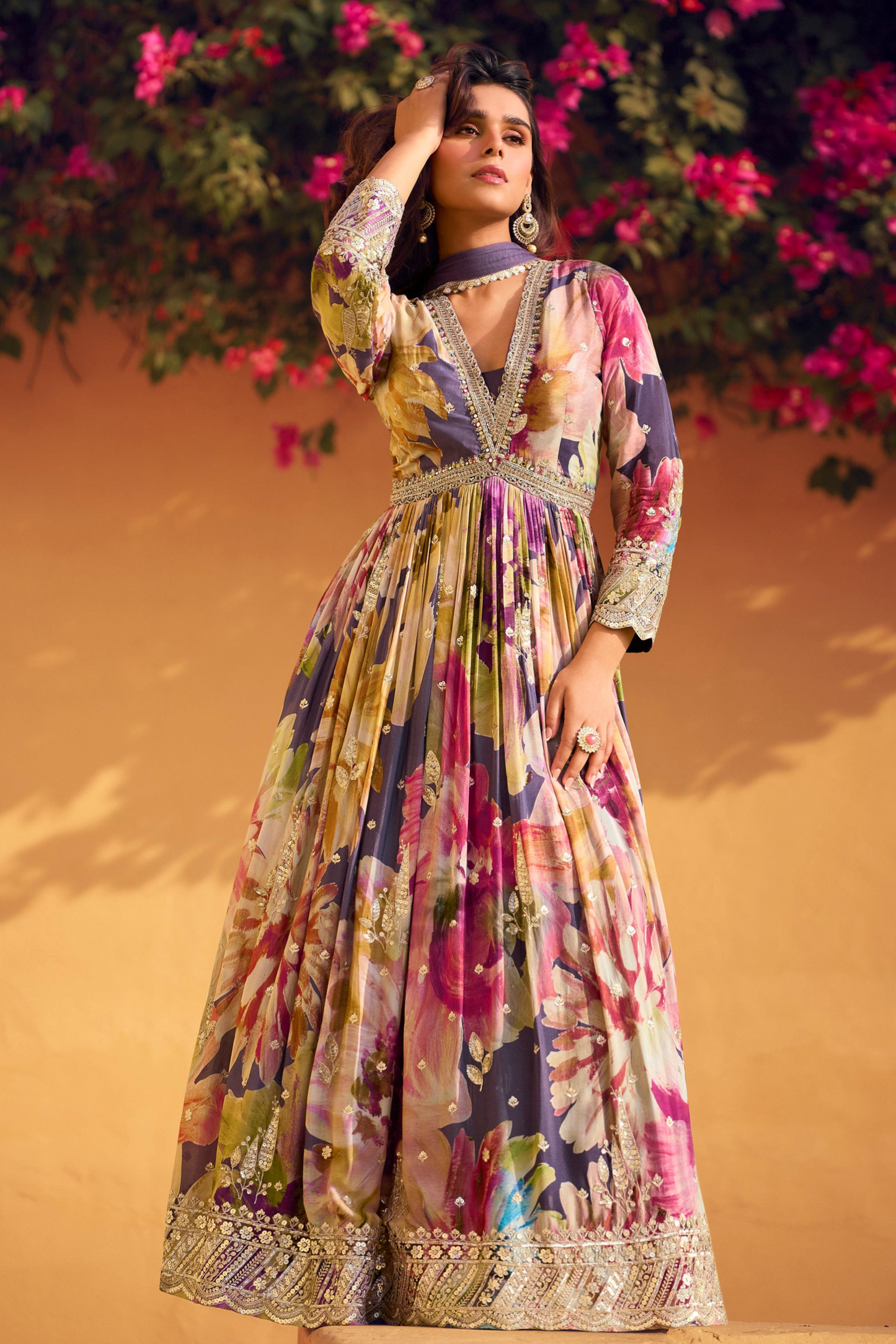 Premium Brown Anarkali Gown Premium Chinon & Silk Suits With Dupatta For Eid & Diwali