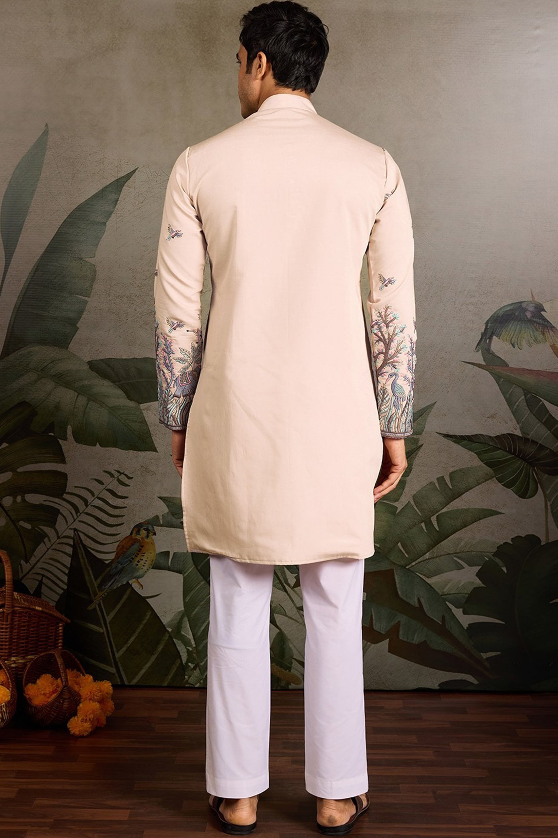 Men’s cotton kurta in light Elegant Beige with mandarin collar and full sleeves.
