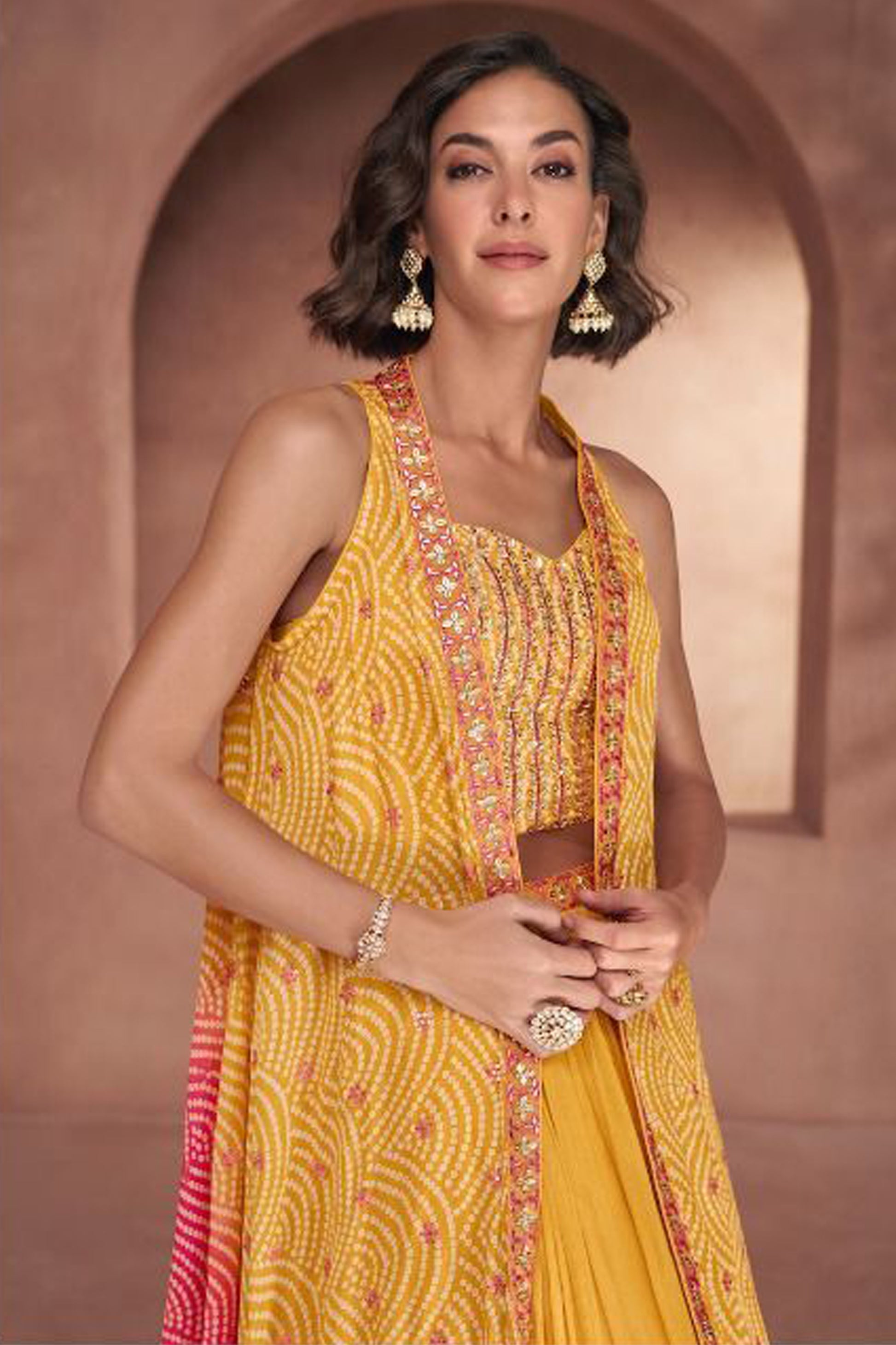 Haldi Function Wear Special Yellow Shrug Style Lehenga Suits Premium Silk For Wedding 