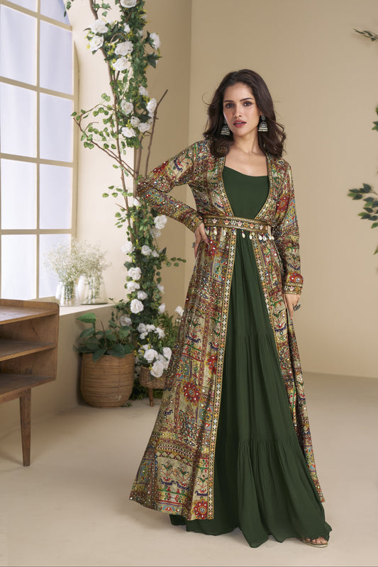 Dark green Indo-Western Anarkali gown in silk fabric with embellished work, showcasing a regal and graceful festive look.
