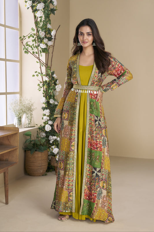 Dark yellow Indo-Western Anarkali gown in silk fabric with embellished work, combining vibrant charm with festive elegance.
