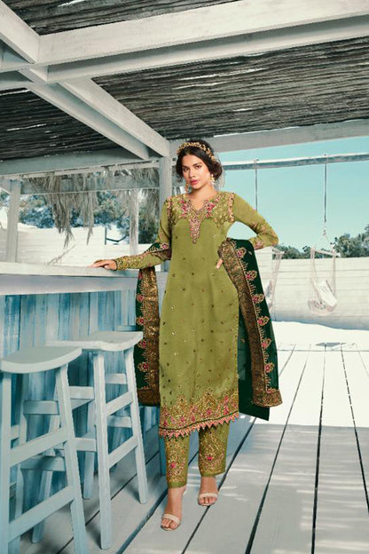 Pistachio Green Embroidered Salwar Kameez With Dupatta For Wedding Reception - Front View