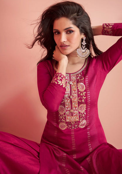 Pink Silk Salwar Suit With Organza Dupatta - Traditional Indian Ethnic Wear 